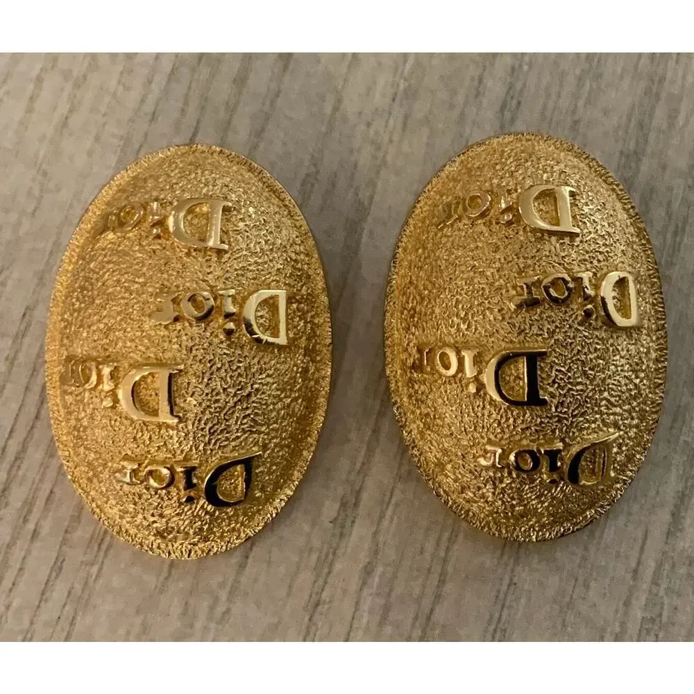 Christian Dior Vintage Logo Gold Oval Clip On Earrings - Picture 2 of 5